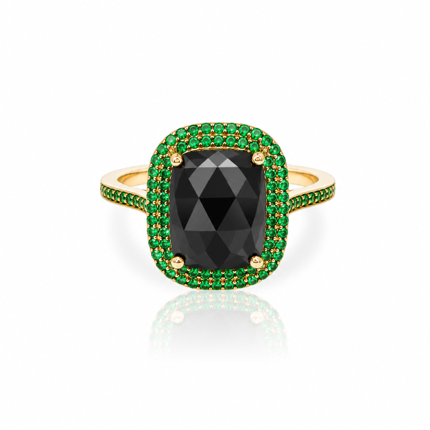 Prsten Black Diamond - růžové zlato, černý diamant, smaragdy