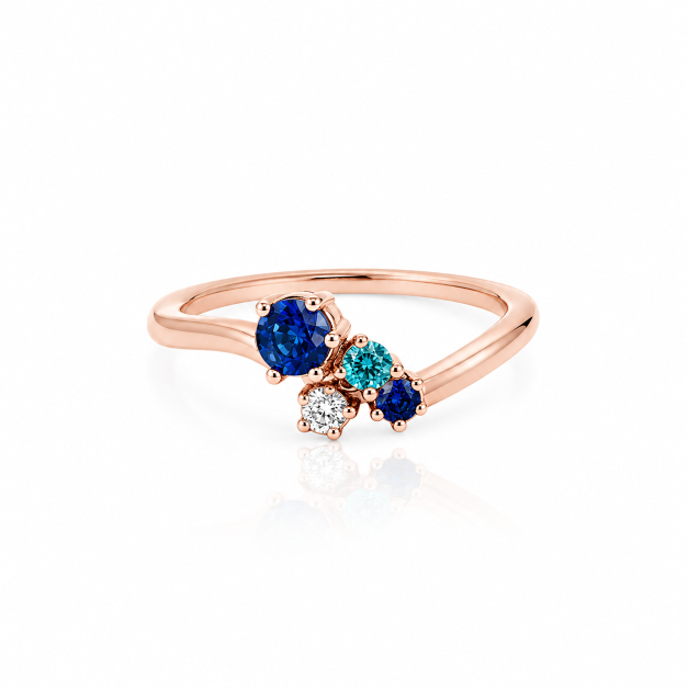 Prsten Summerwave – růžové zlato, diamant, safíry